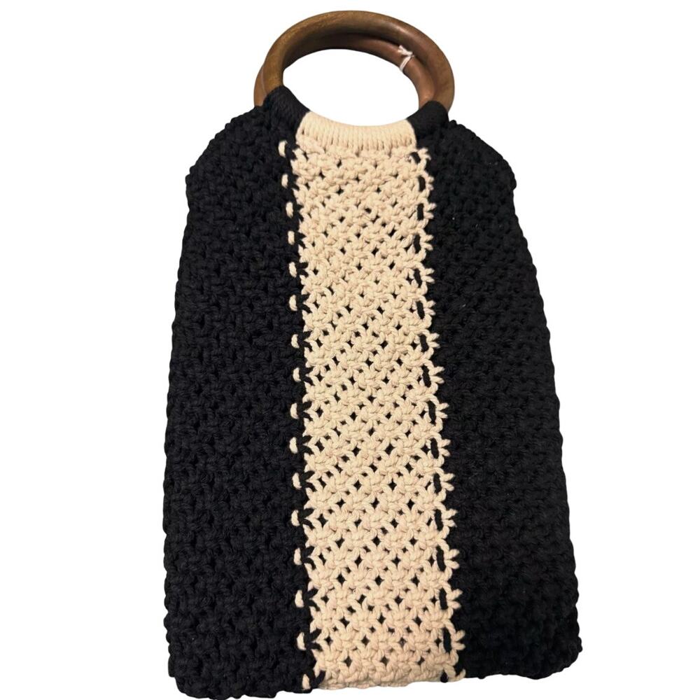Laude The Label The‎ Gabby Macrame Hand Bag Purse Black and Cream Wooden Handles